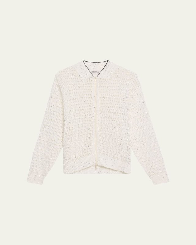 Linen Paillettes Openwork Net Stitched Cardigan